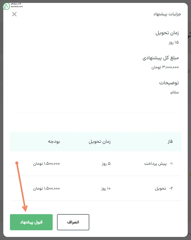 پیشنهاد به این صورت به کارفرما نمایش‌داده میشود