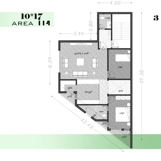 6-طراحی پلان نامتقارن به مساحت114 متر مربع