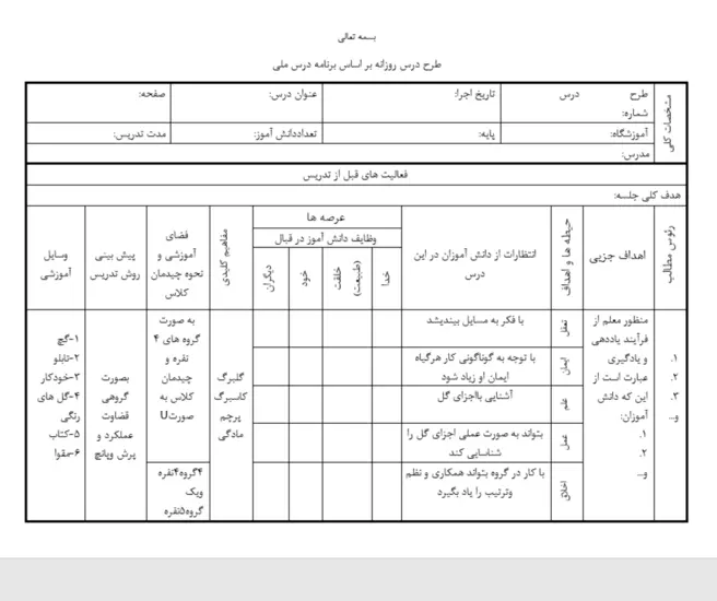 طرح درس آموزشی دوره تحصیلی ابتدایی