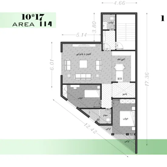 5-طراحی پلان نامتقارن به مساحت114 متر مربع